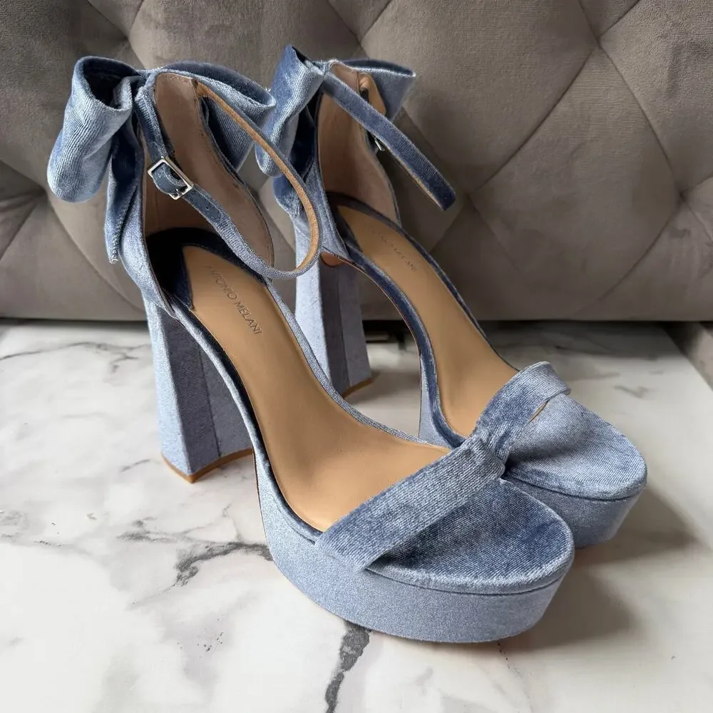 Antonio Melani Janie Blue Velvet Bow Back Platform Heels Size 9